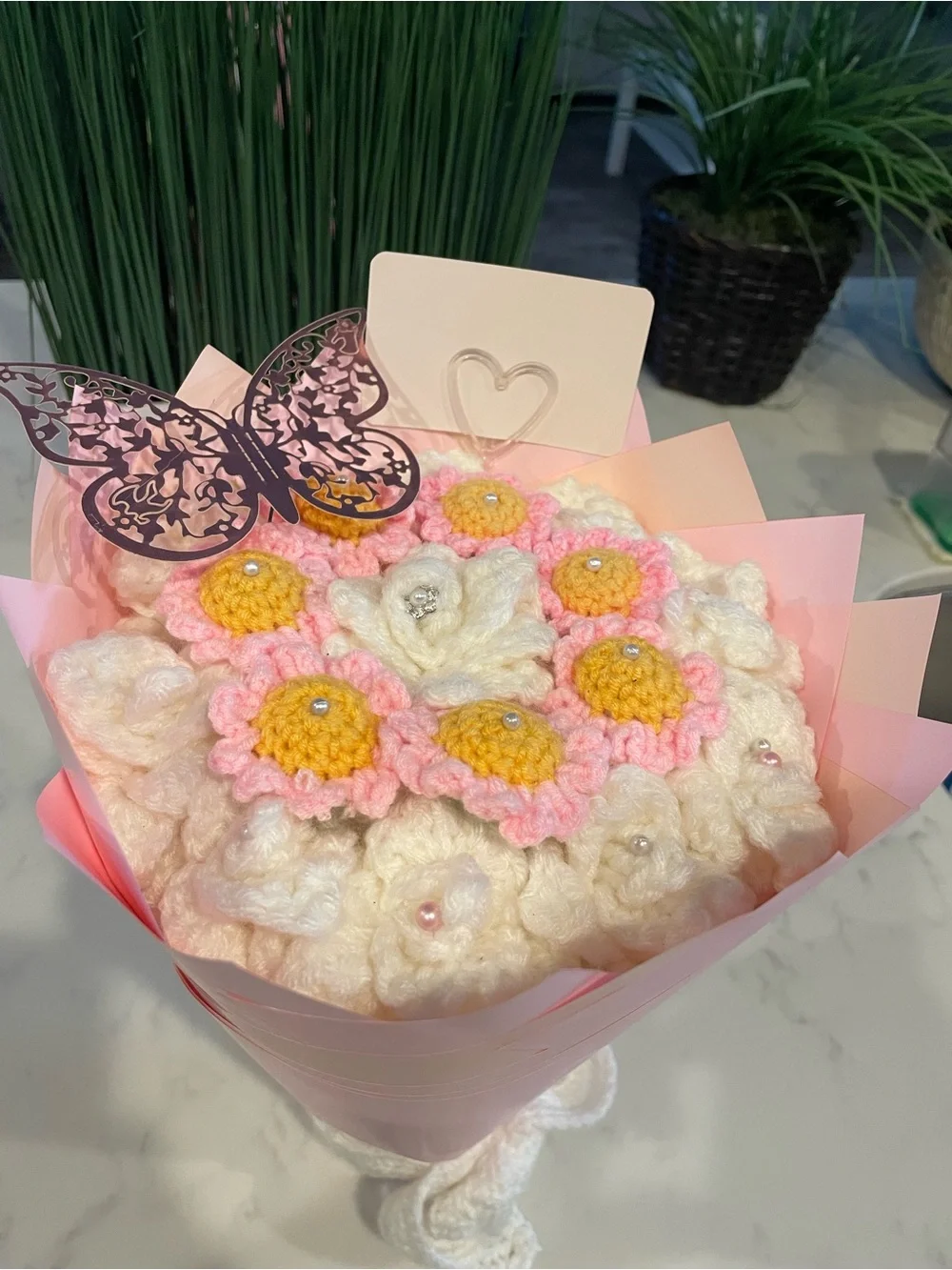 Handmade Pink & White Crochet Flower Bouquet - Women Bath & Body